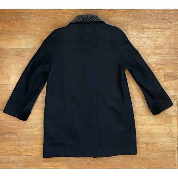 Vintage Leopard Velvet Trim Wool Coat Size Medium 80s Black Felted Overcoat - Picture 4 of 7